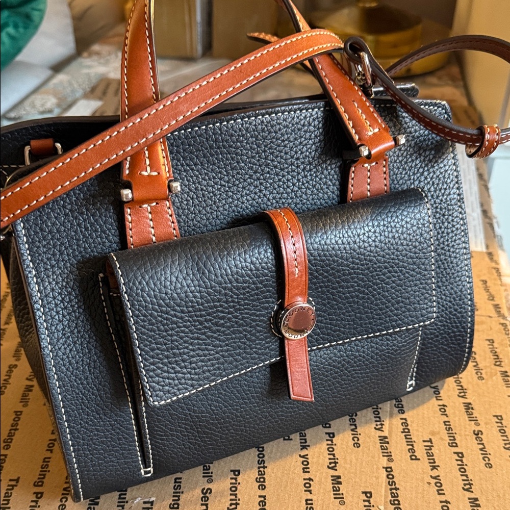 Dooney & Bourke Black Pebbled Leather Crossbody with Brown Strap